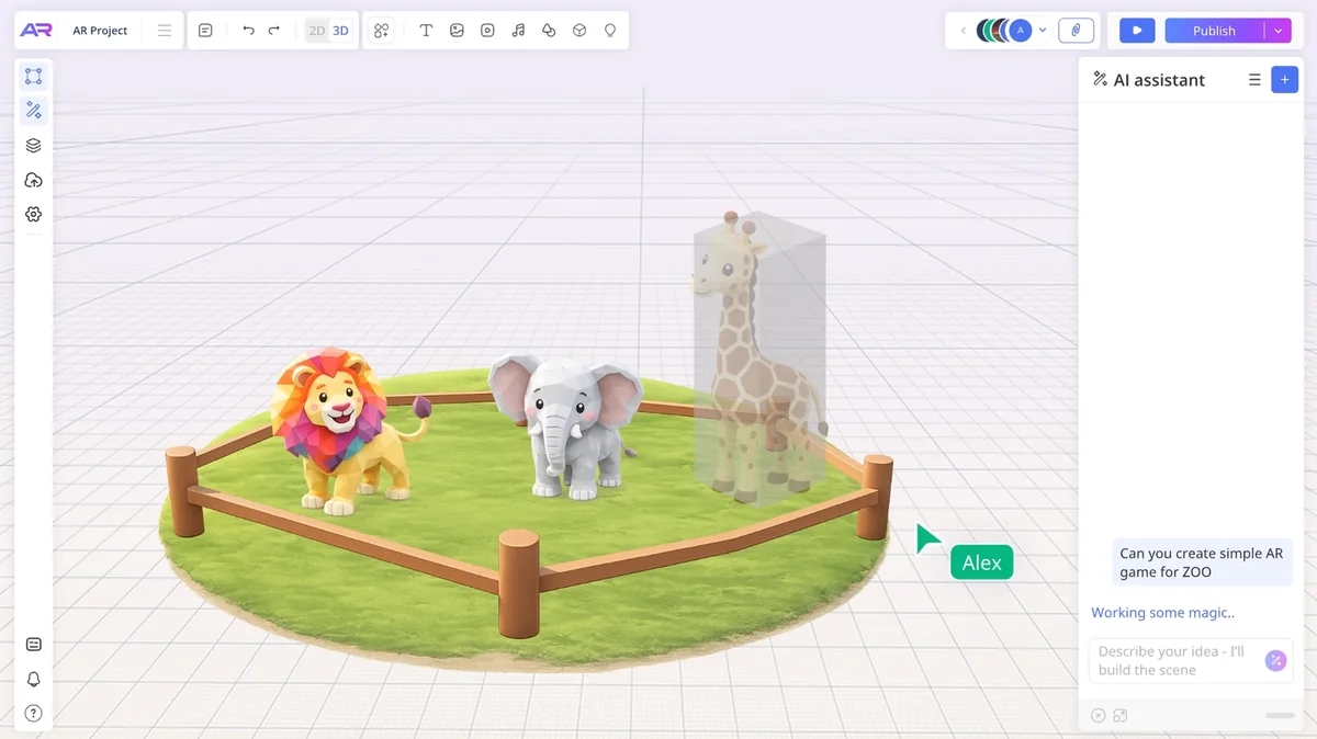 A model generates right in the scene: until it is ready, a placeholder holds its spot