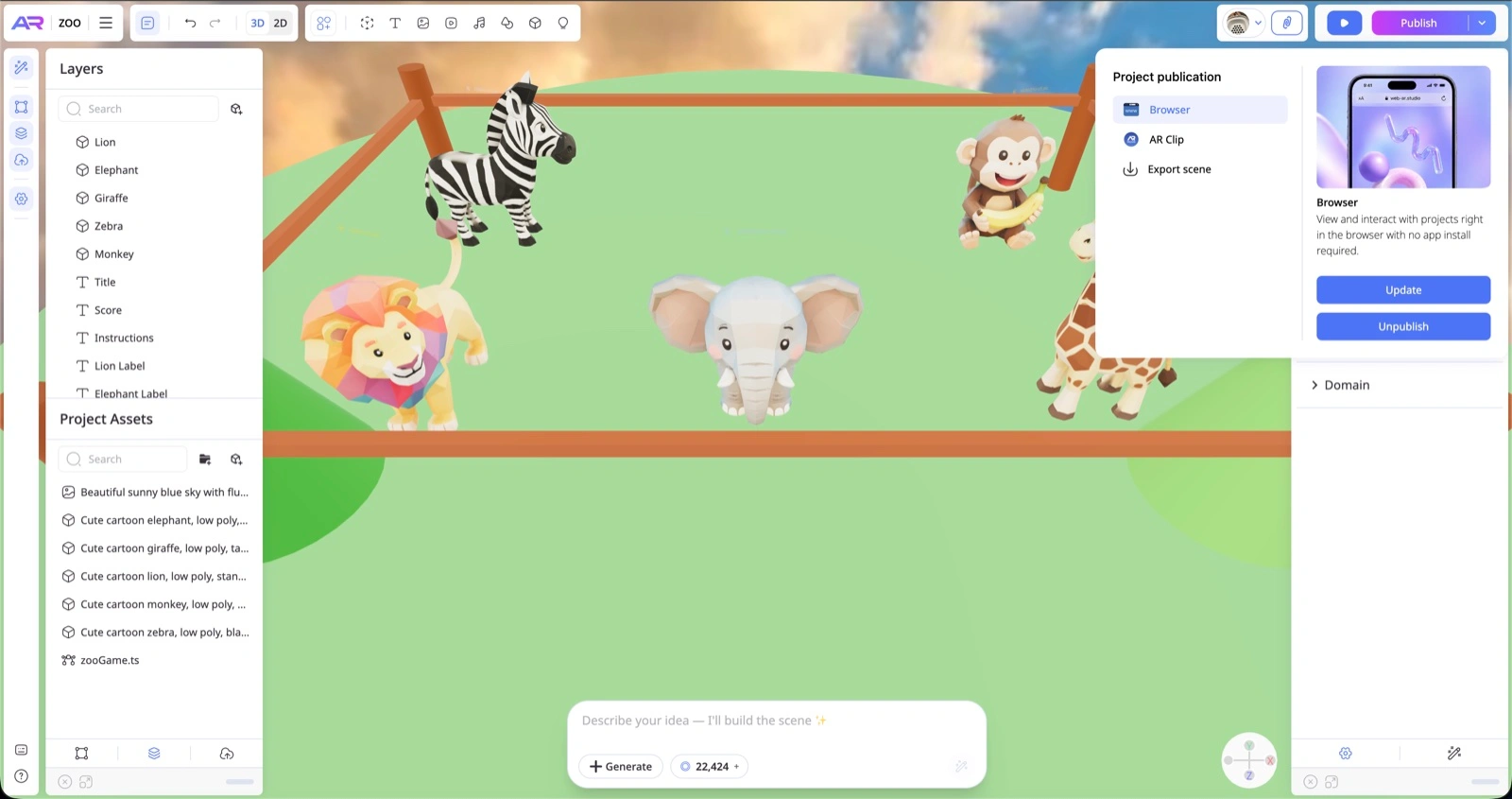 Publishing from the editor: the project opens in the browser, with no app to install